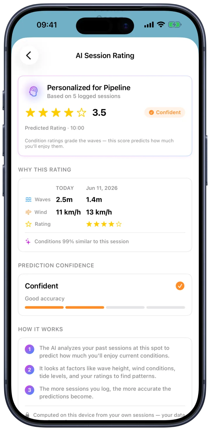 SurfMap on iPhone showing the session rating screen