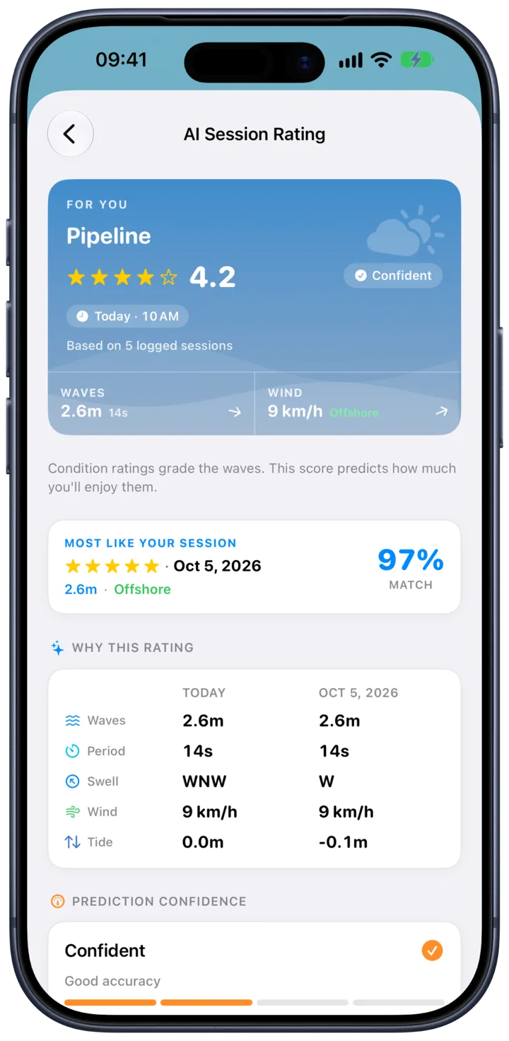 SurfMap on iPhone showing the session rating screen