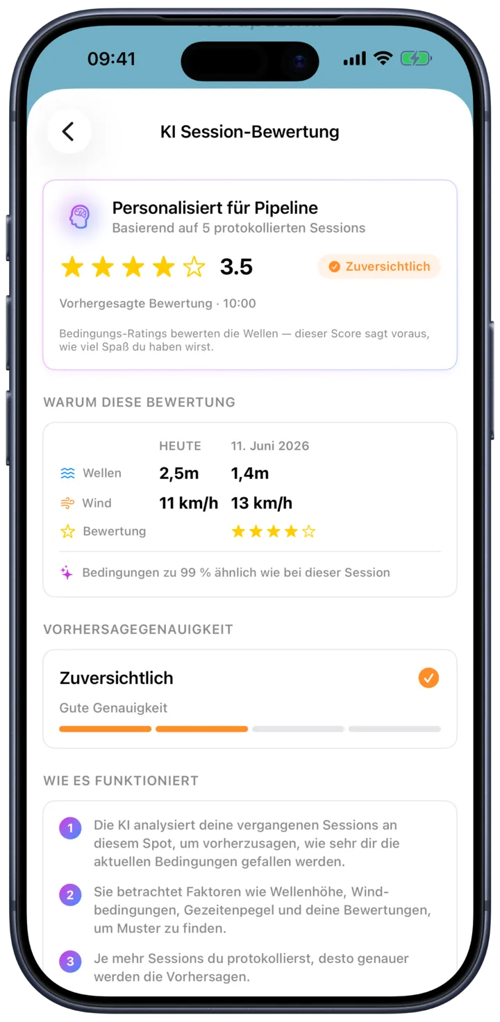 SurfMap-Sessionbewertung: die Vorhersage lernt aus den Sessions, die du bewertest