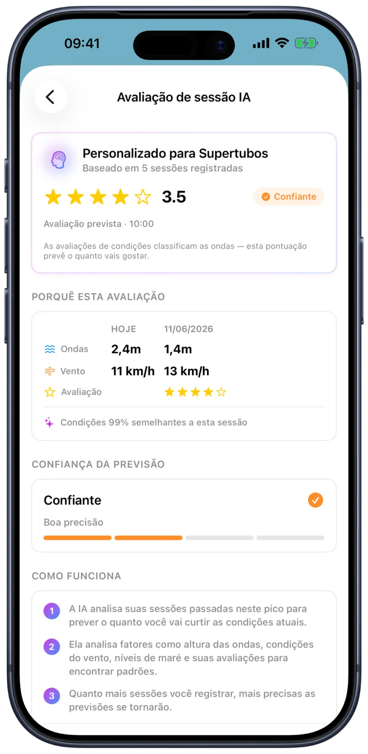 Ecrã de avaliação de sessão do SurfMap: a previsão aprende com as sessões que avalias