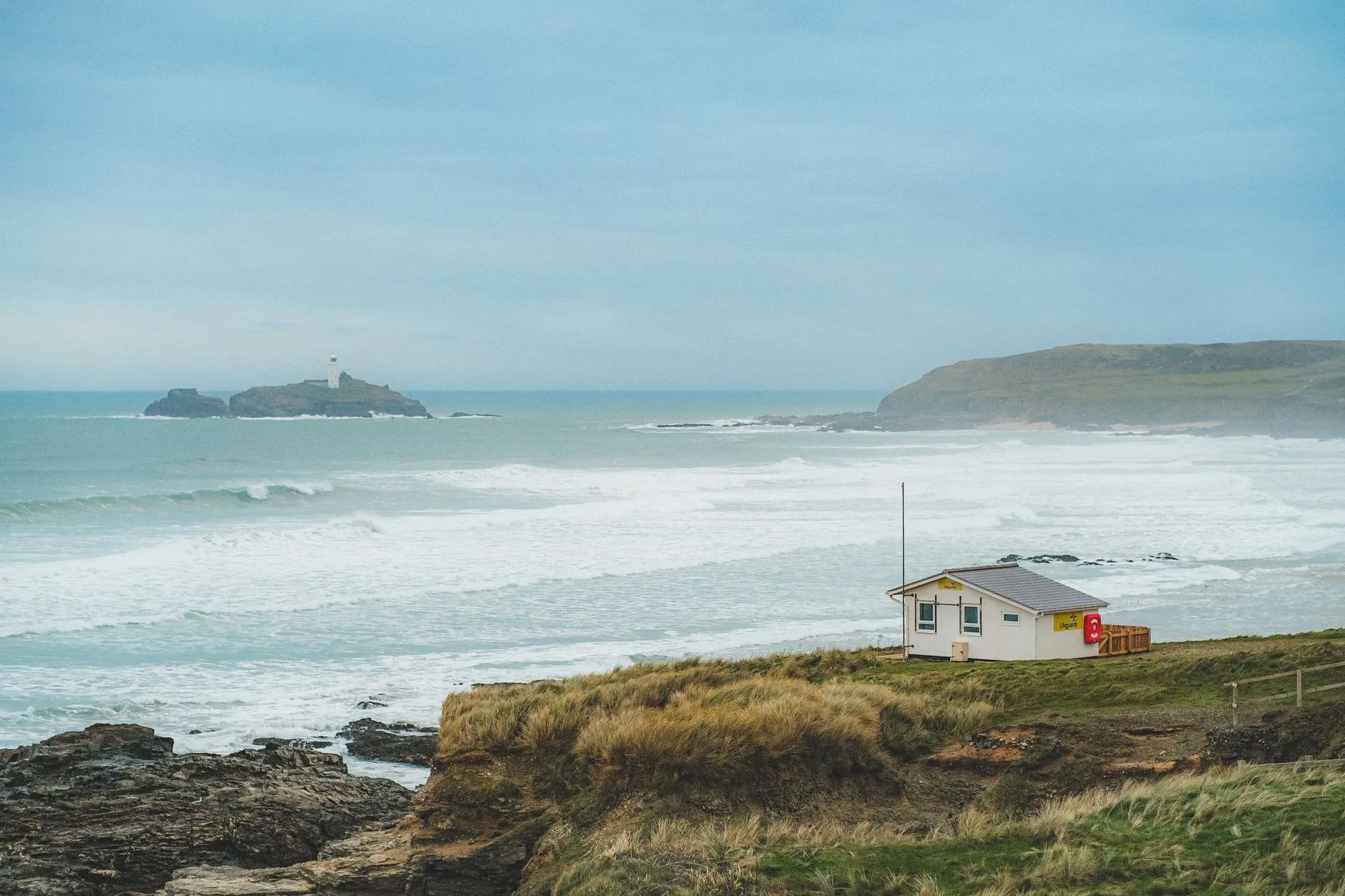Godrevy lighthouse across St Ives Bay, from the Gwithian end