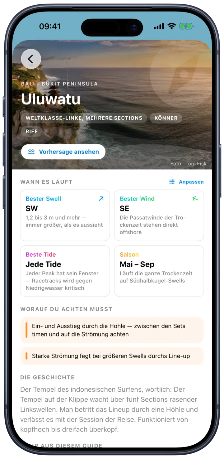 Ein SurfMap Spot-Guide für Uluwatu mit Swell, Wind, Gezeiten und Gefahren