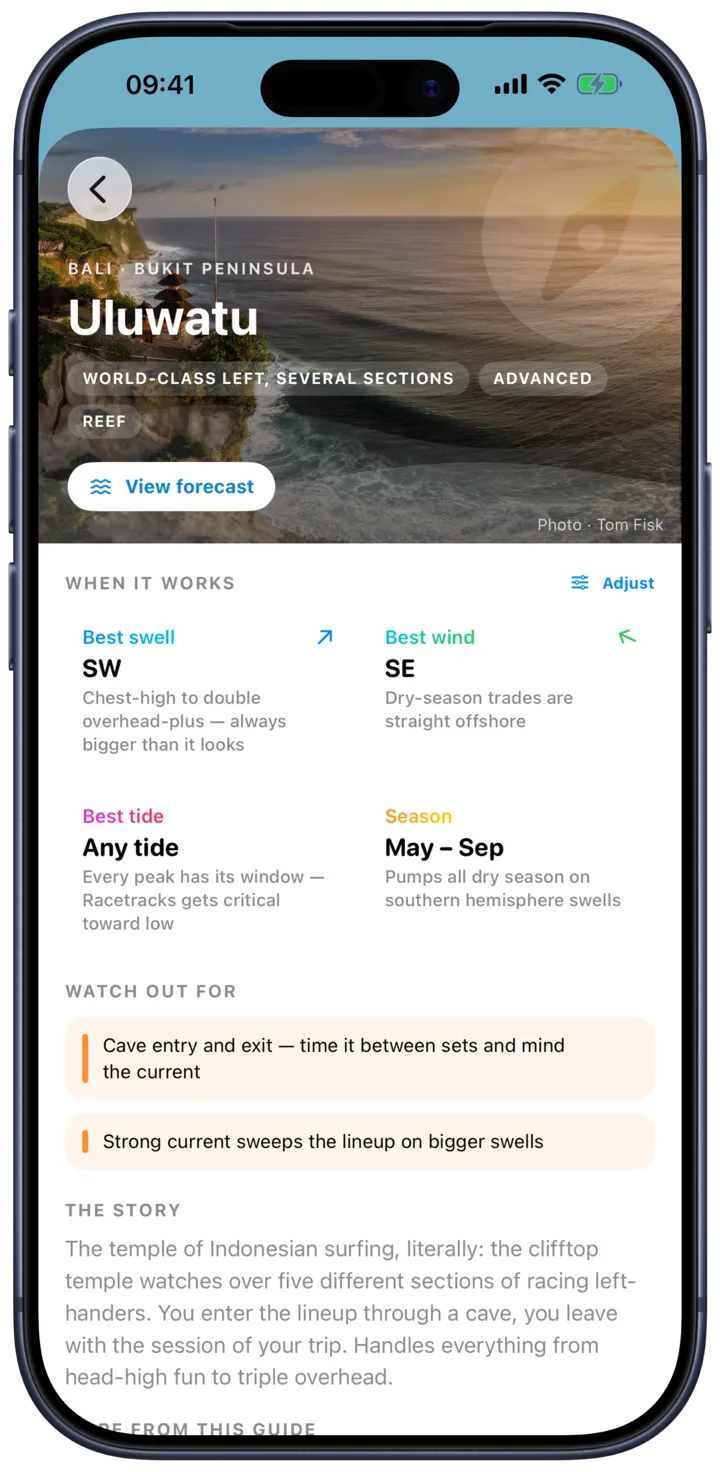 A SurfMap spot guide for Uluwatu with the best swell, wind, tide and hazards