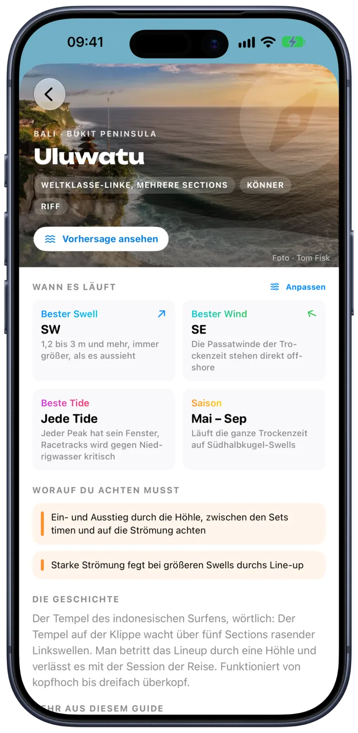 Ein SurfMap Spot-Guide für Uluwatu mit Swell, Wind, Gezeiten und Gefahren