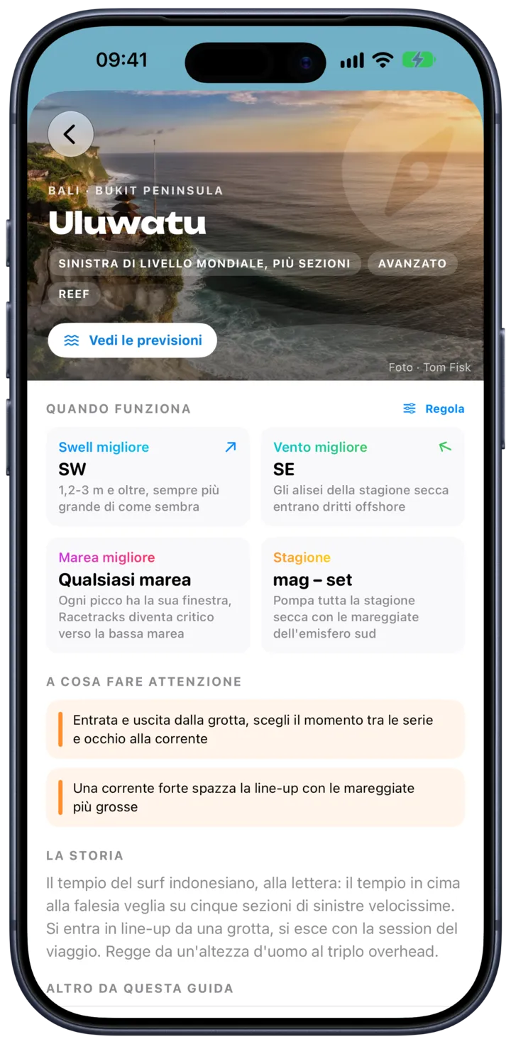 Una guida allo spot di SurfMap per Uluwatu con mareggiata, vento, marea e pericoli