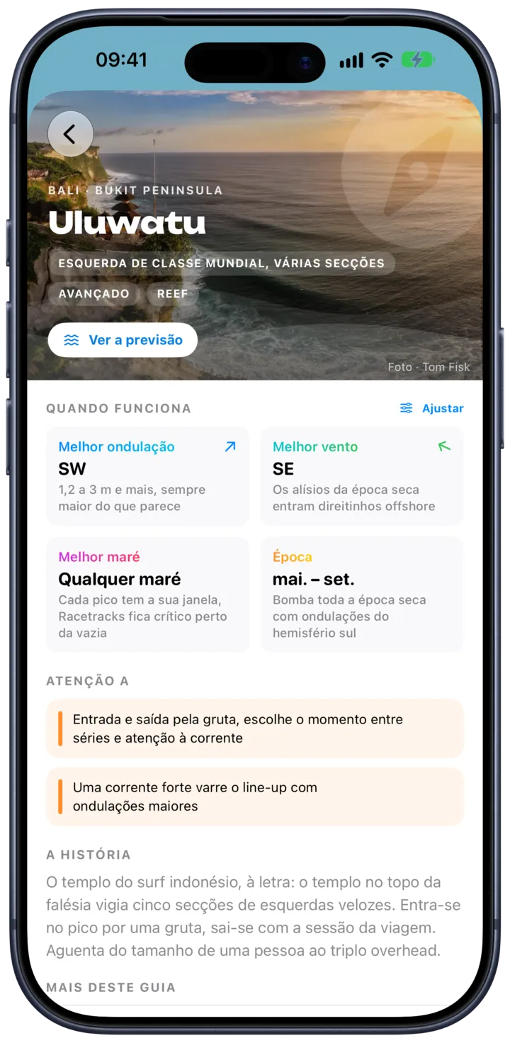 Um guia de spot do SurfMap para Uluwatu com ondulação, vento, maré e perigos