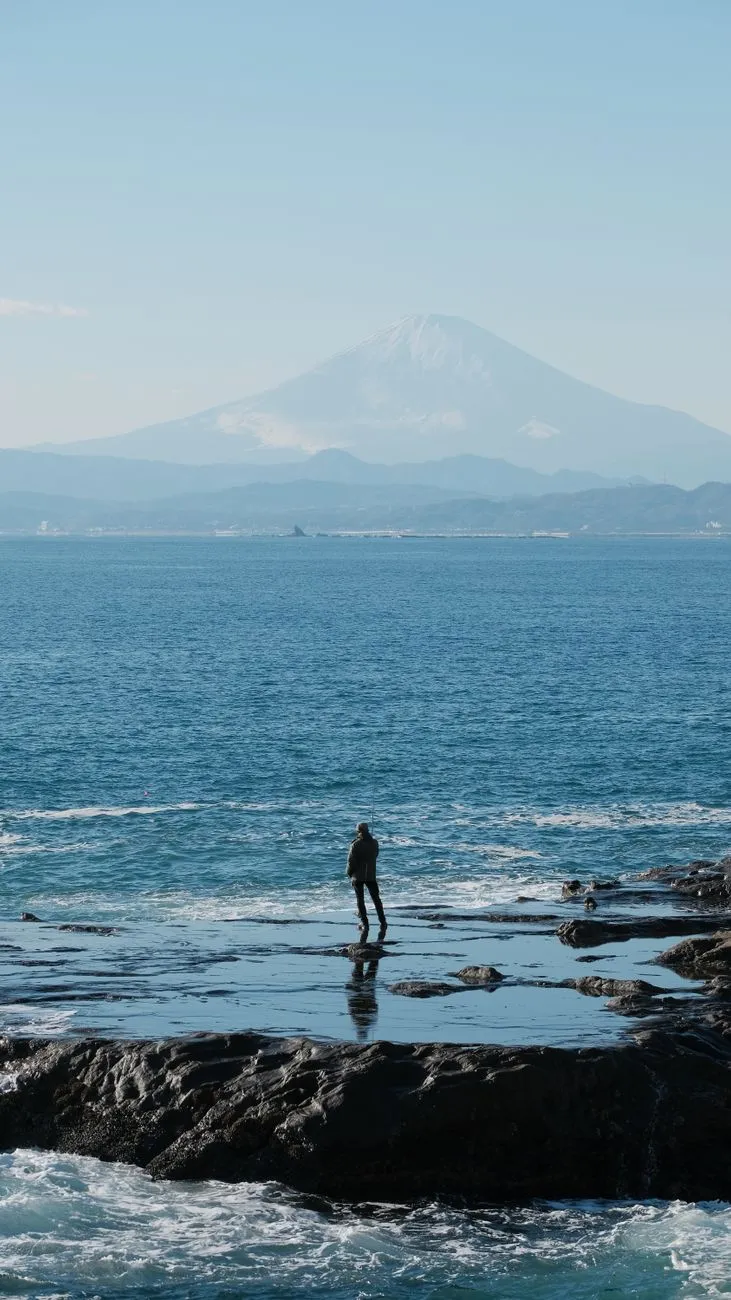 Winter air: Fuji across Sagami Bay from the Kamakura shoreline