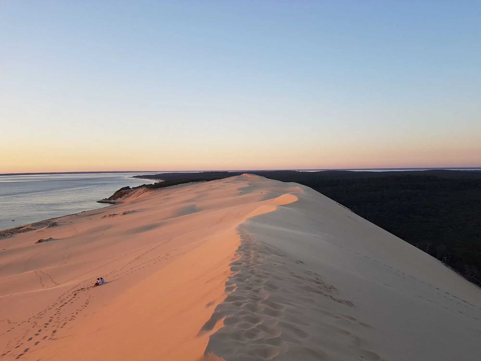 The ridge of the Dune du Pilat at sunset, the forest on one side and the ocean on the other