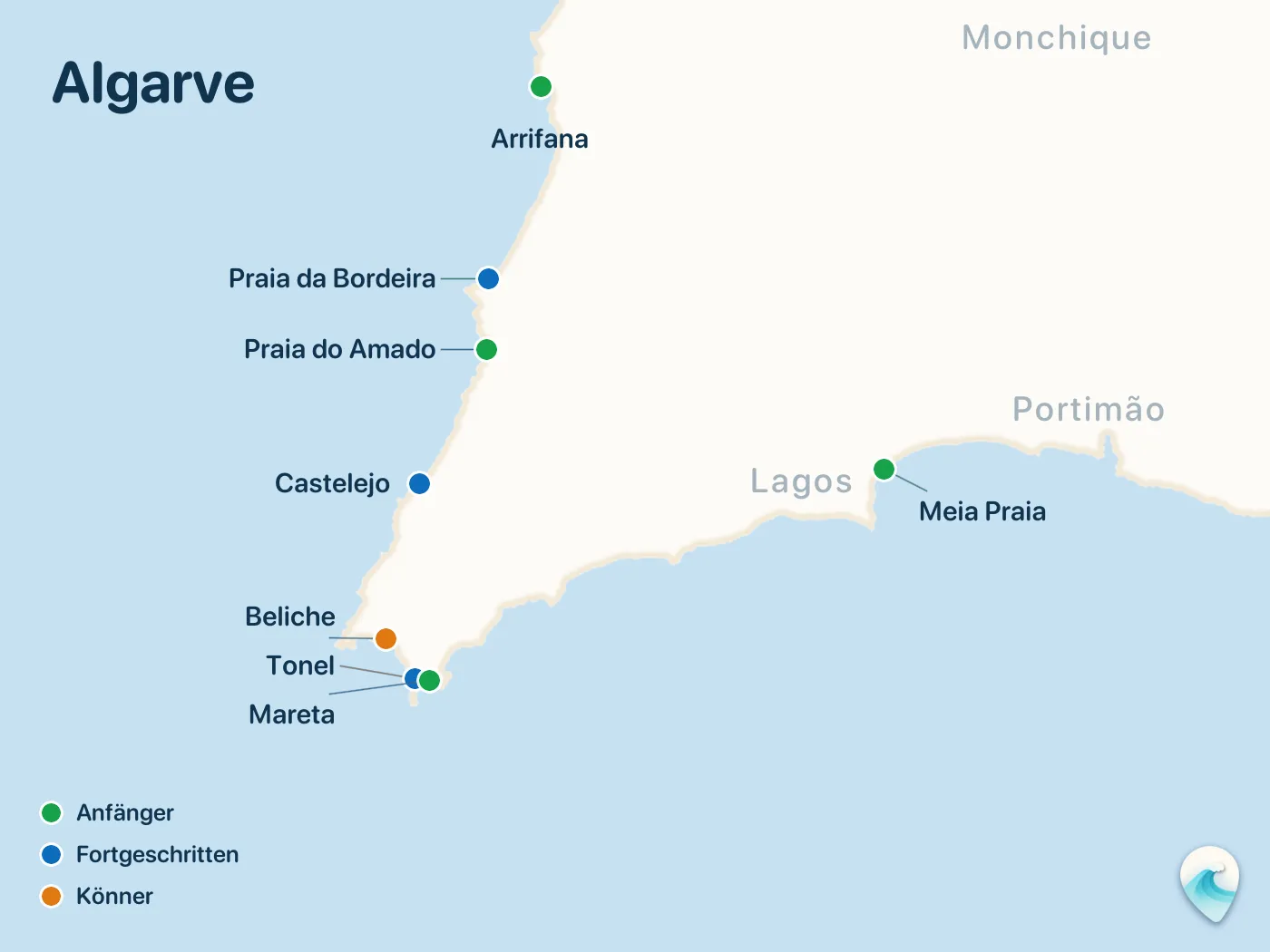 Karte der Surfspots aus dem Guide Algarve, mit nummerierten Markierungen