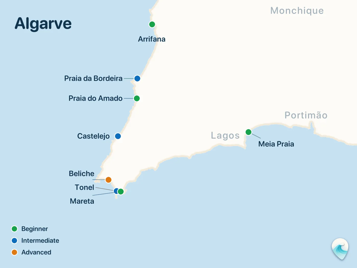 Map of the Algarve surf spots described in this guide, with numbered markers