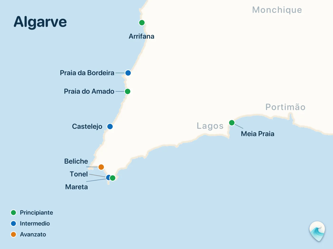 Mappa degli spot di surf della guida Algarve, con indicatori numerati