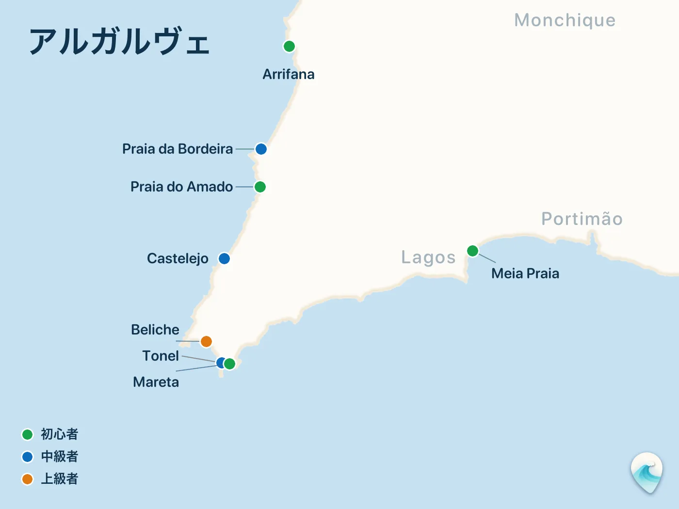 アルガルヴェガイドのサーフスポット地図(番号つき)