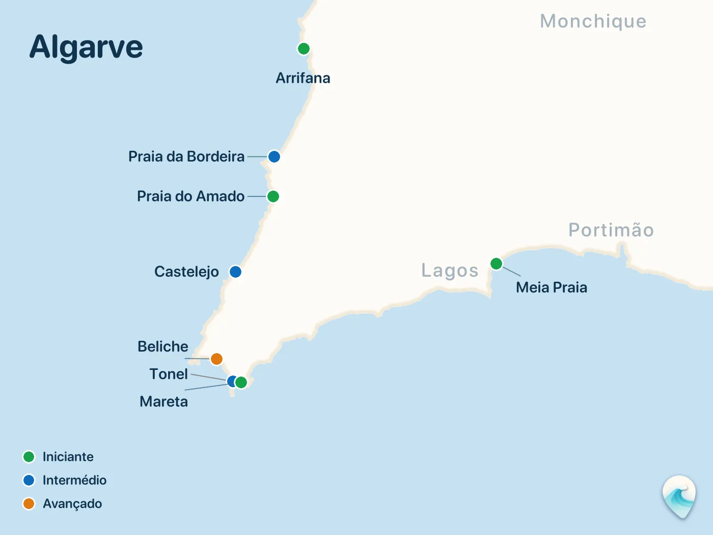 Mapa dos spots de surf do guia Algarve, com marcadores numerados