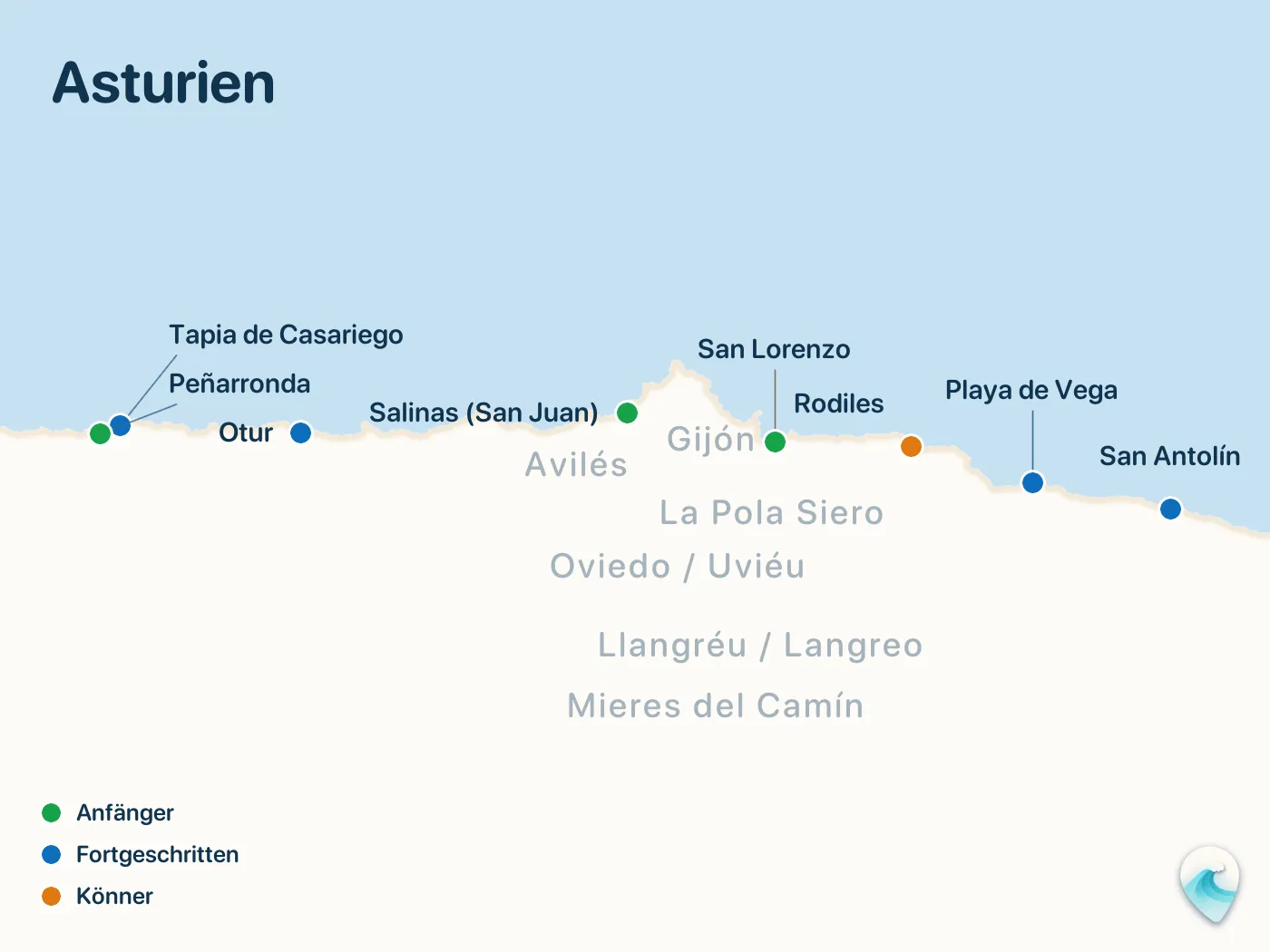 Karte der Surfspots aus dem Guide Asturien, mit nummerierten Markierungen