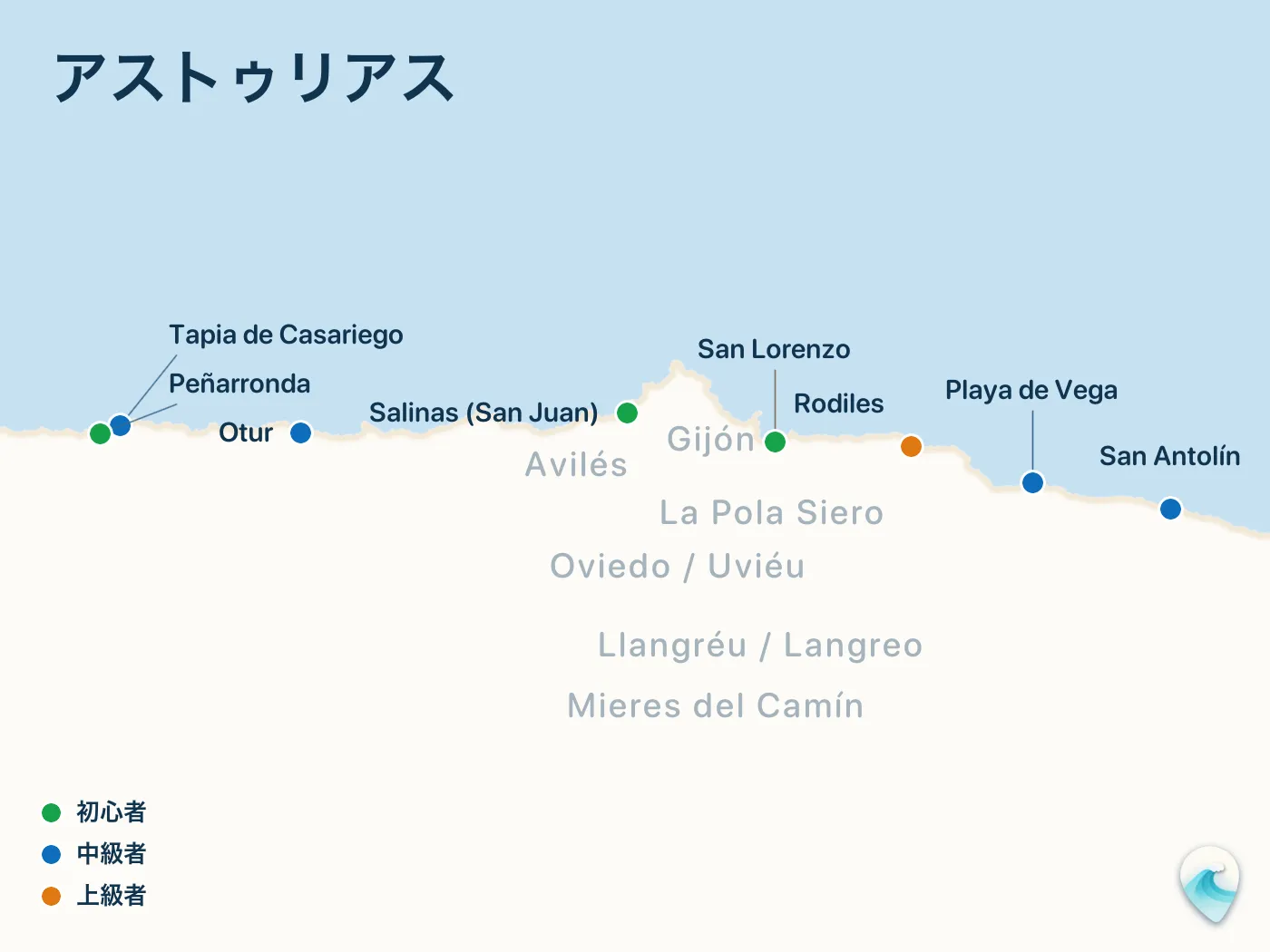 アストゥリアスガイドのサーフスポット地図(番号つき)