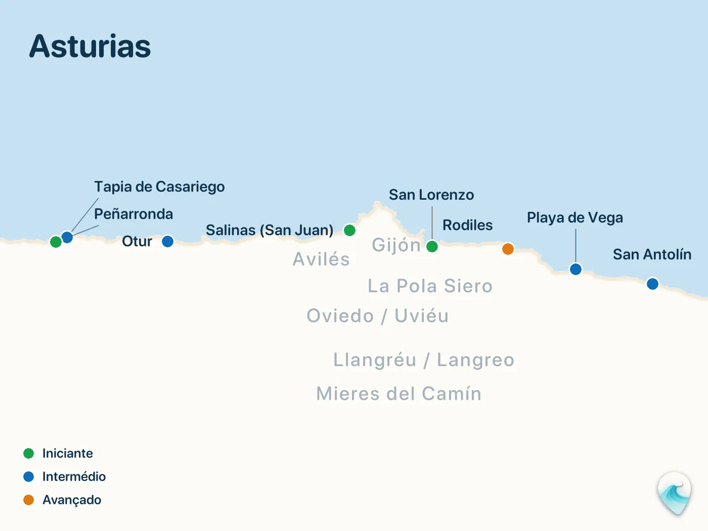 Mapa dos spots de surf do guia Asturias, com marcadores numerados