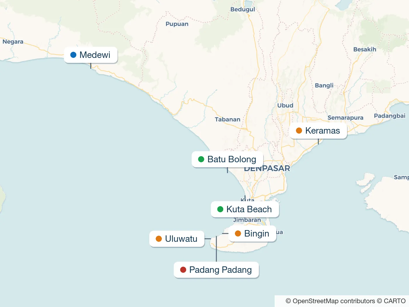 Mappa degli spot di surf della guida Bali, con indicatori numerati