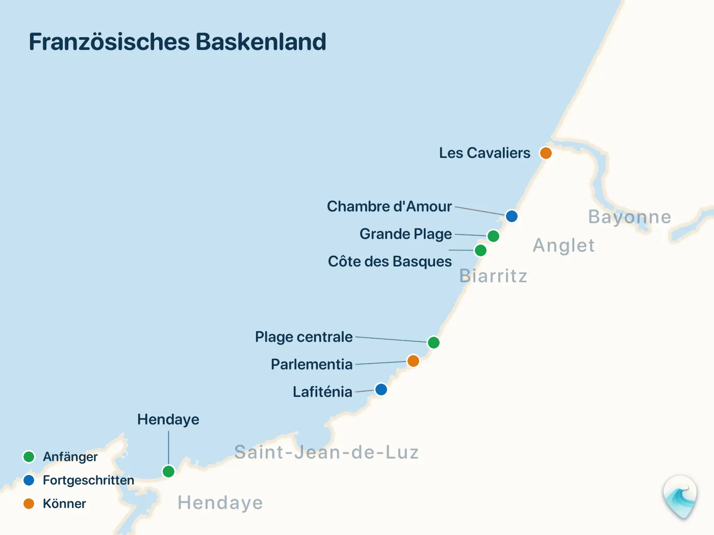Karte der Surfspots aus dem Guide Französisches Baskenland, mit nummerierten Markierungen
