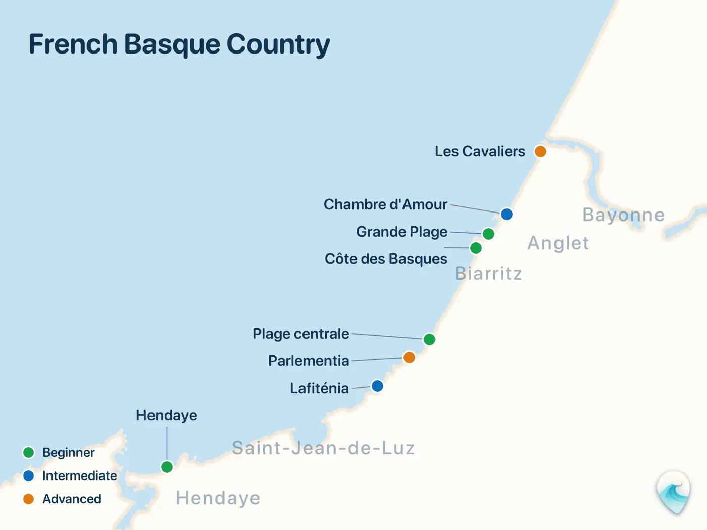 Map of the French Basque Country surf spots described in this guide, with numbered markers