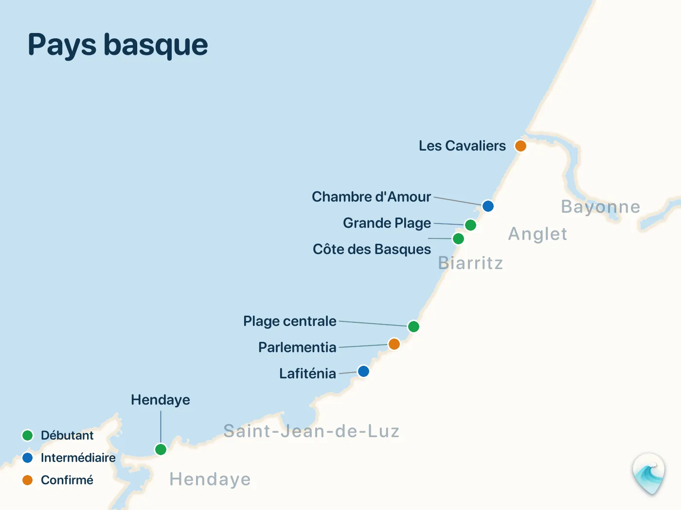 Carte des spots de surf du guide Pays basque, avec repères numérotés