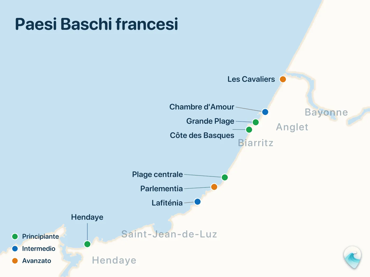 Mappa degli spot di surf della guida Paesi Baschi francesi, con indicatori numerati