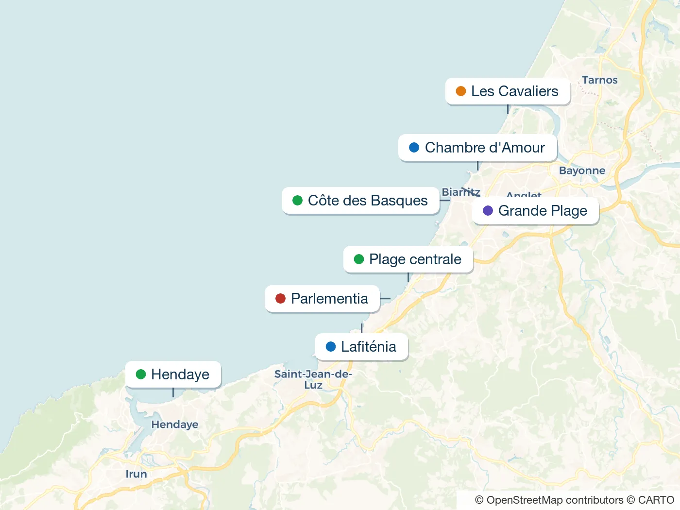 Mappa degli spot di surf della guida Paesi Baschi francesi, con indicatori numerati