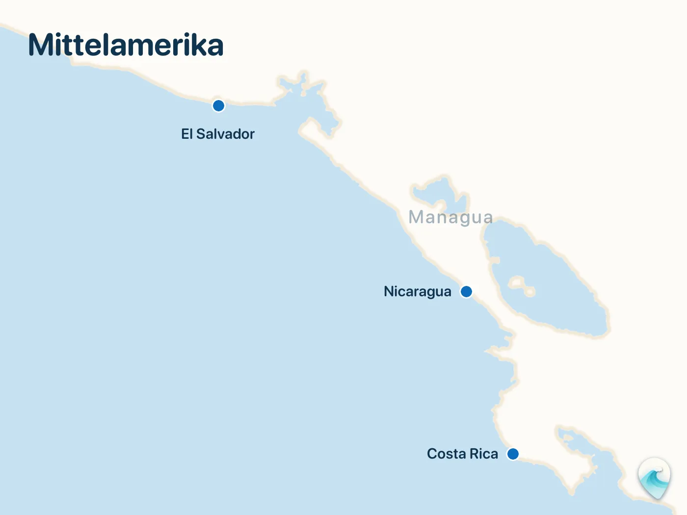 Karte der Surfspots aus dem Guide Mittelamerika, mit nummerierten Markierungen