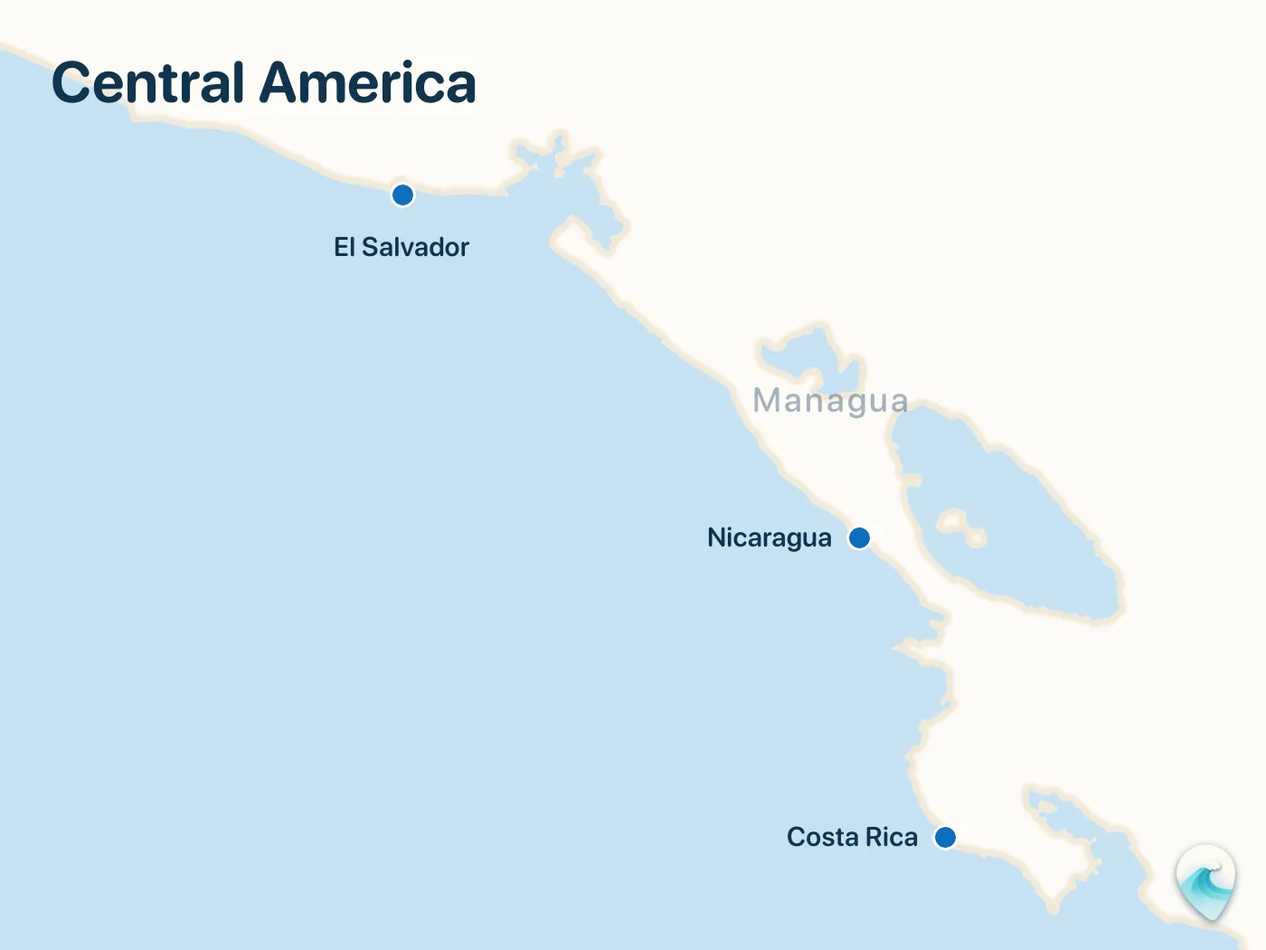 Map of the Central America surf spots described in this guide, with numbered markers