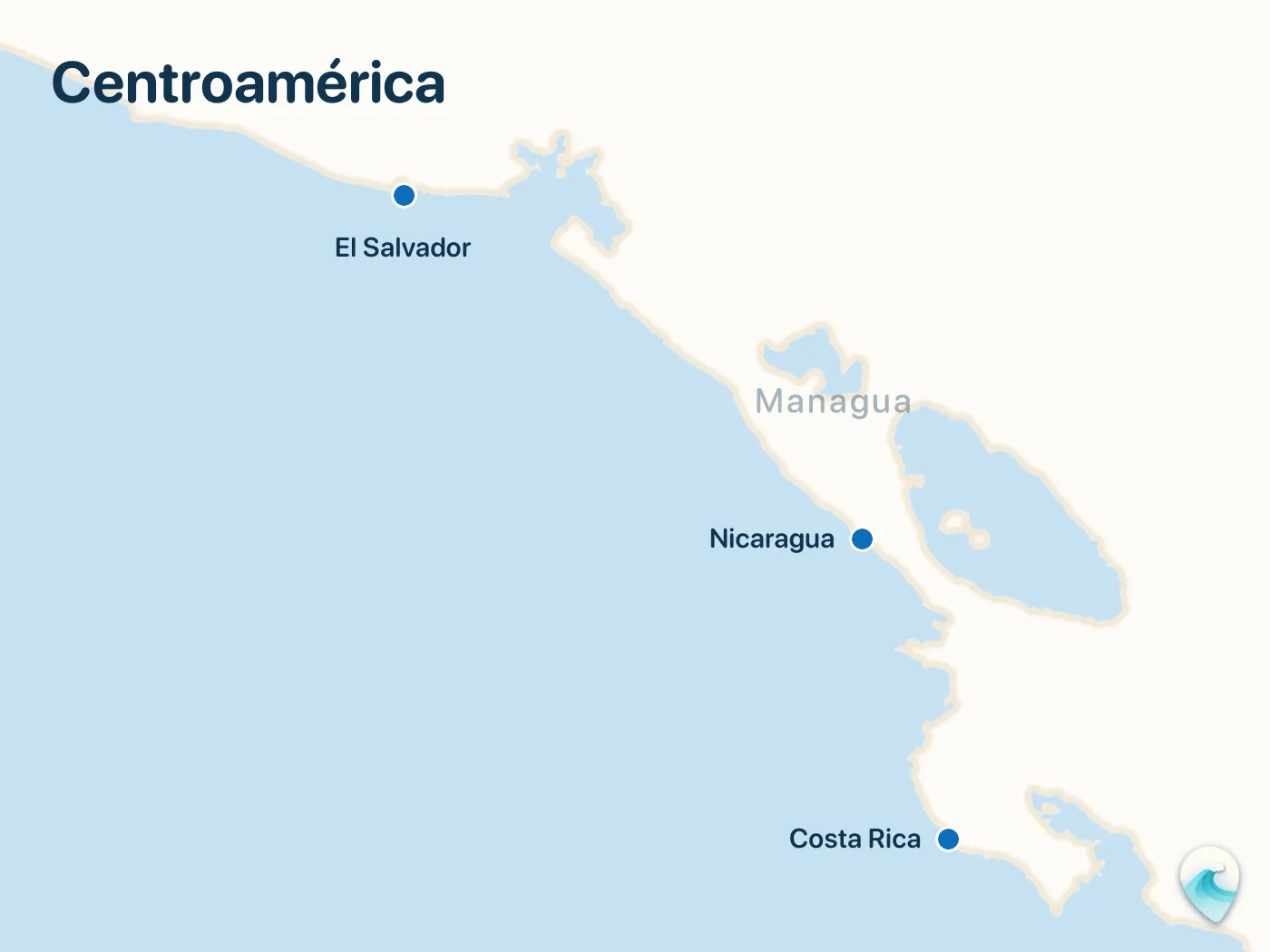 Mapa de los spots de surf de la guía Centroamérica, con marcadores numerados