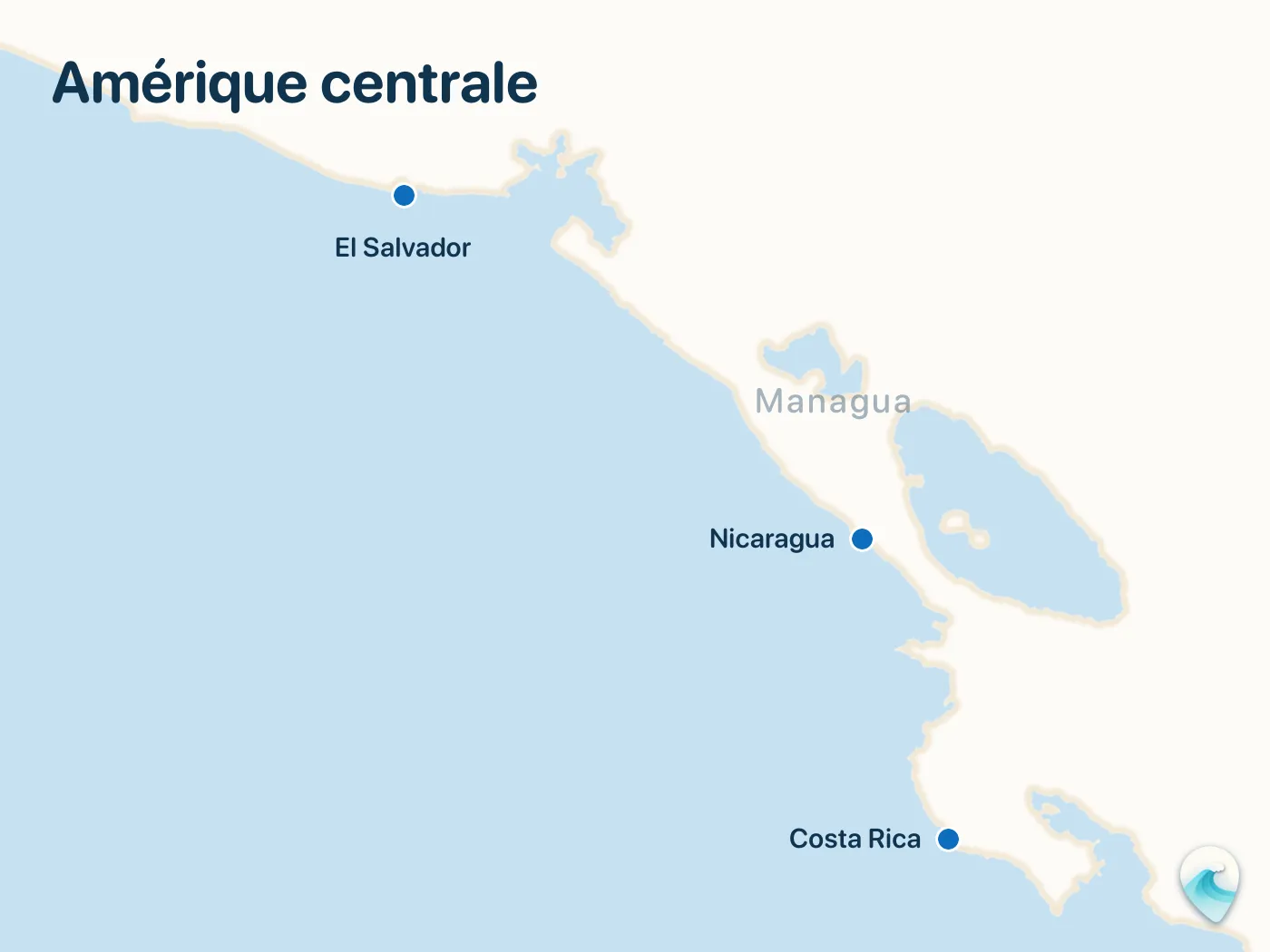 Carte des spots de surf du guide Amérique centrale, avec repères numérotés