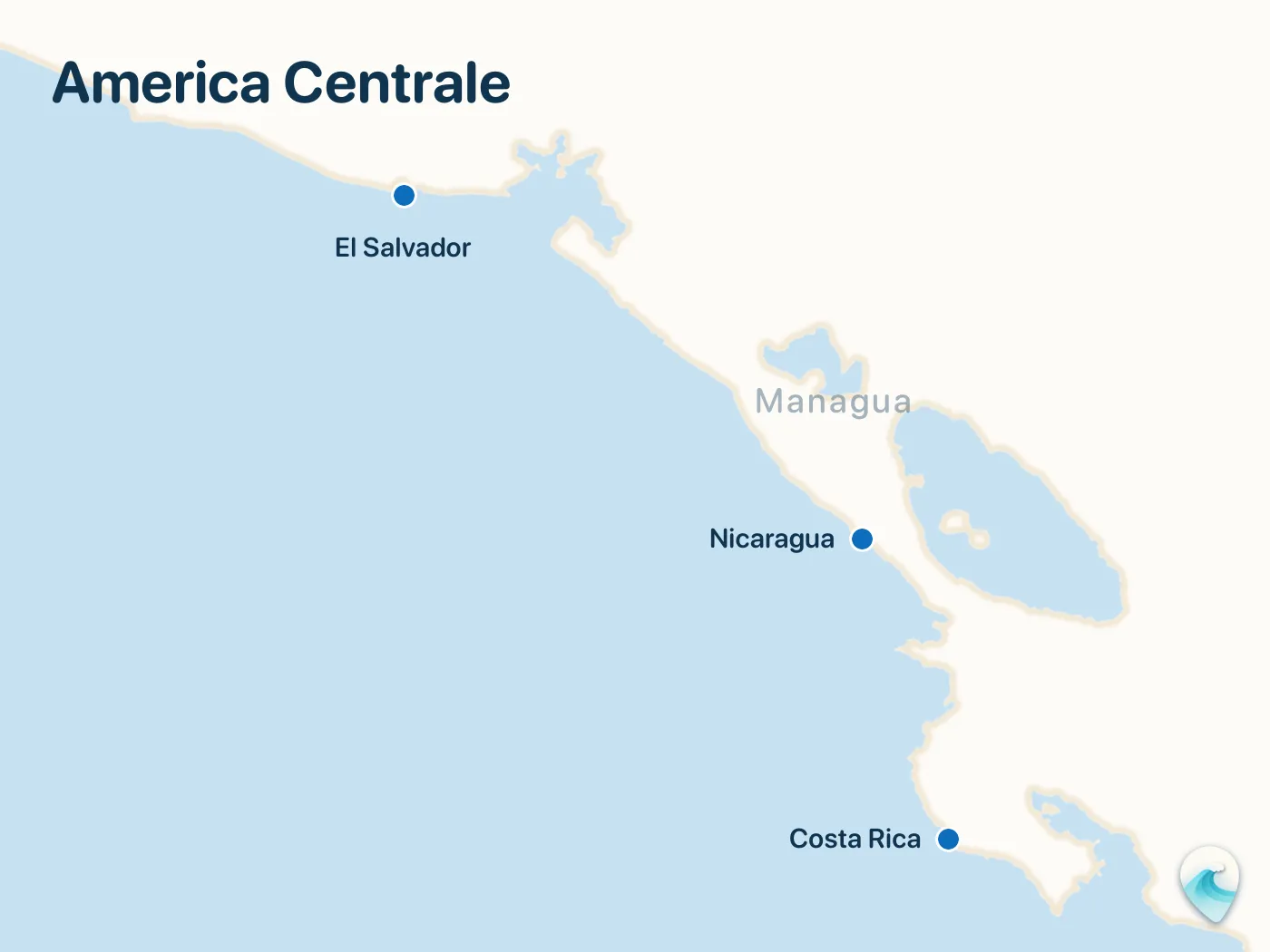 Mappa degli spot di surf della guida America Centrale, con indicatori numerati