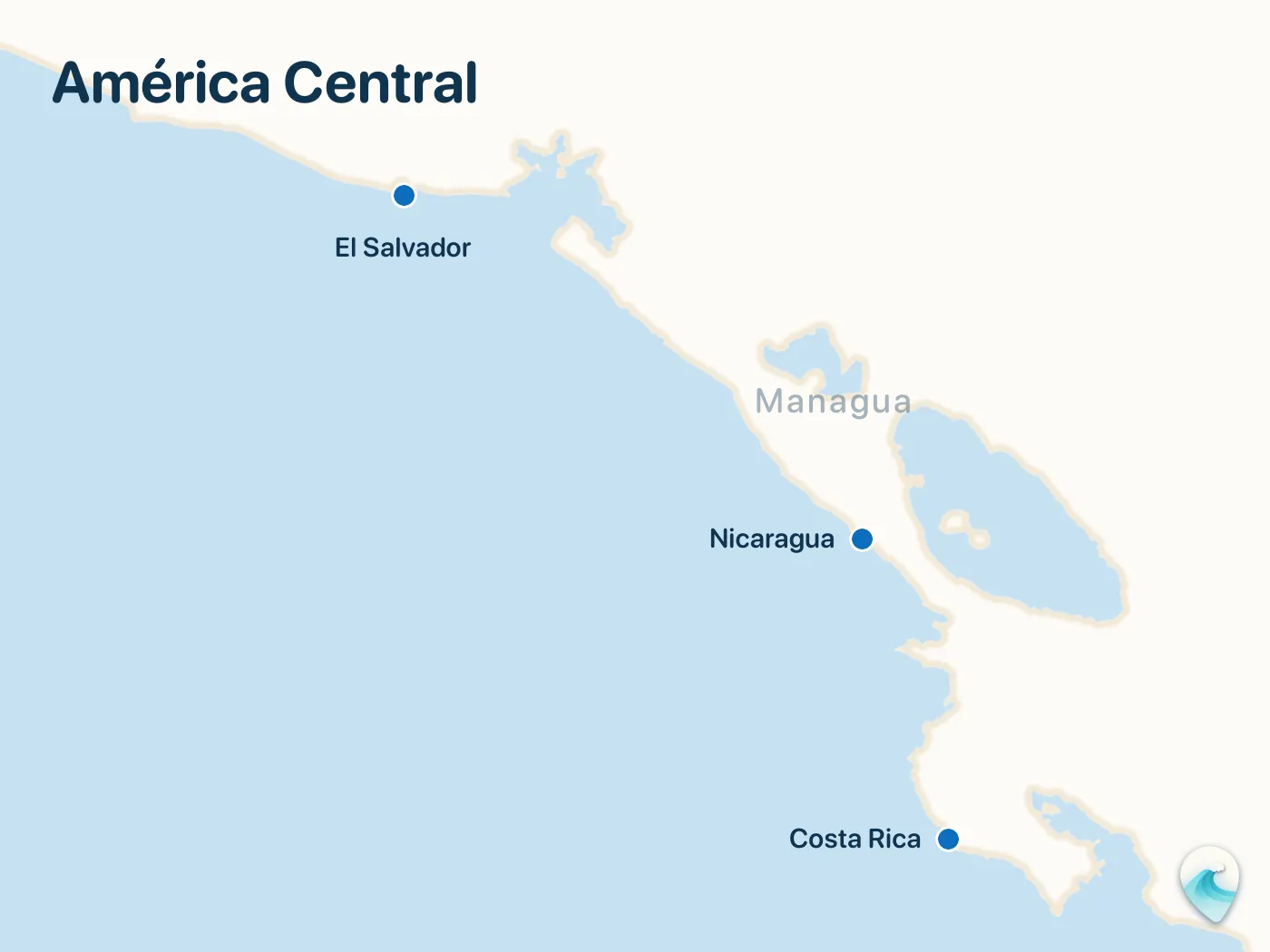 Mapa dos spots de surf do guia América Central, com marcadores numerados