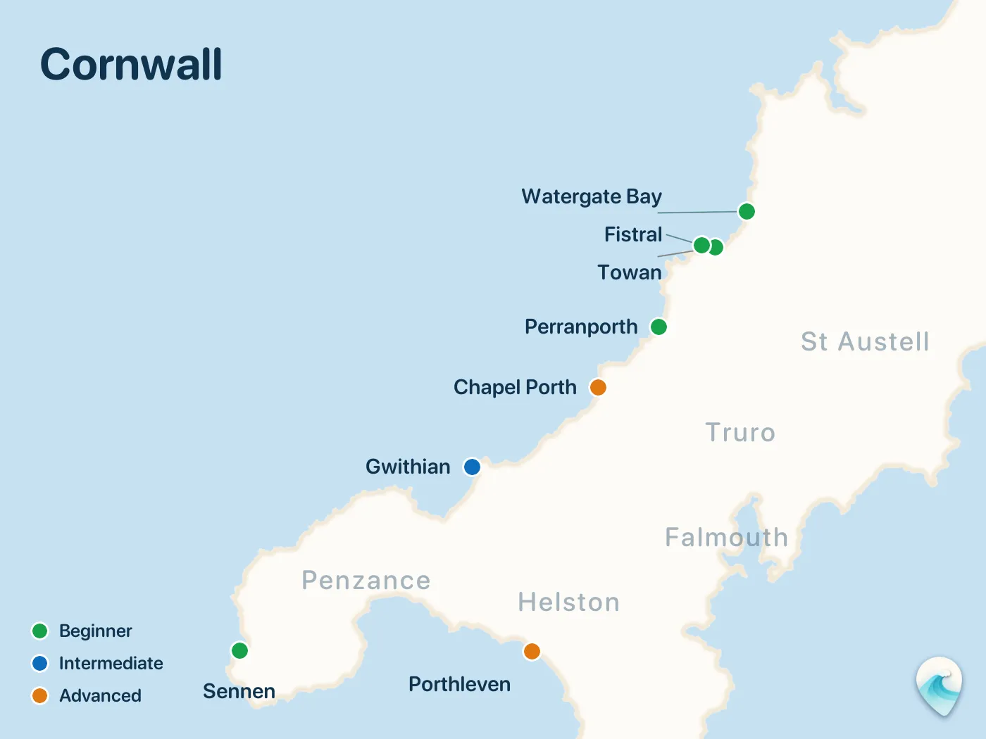 Map of the Cornwall surf spots described in this guide, with numbered markers