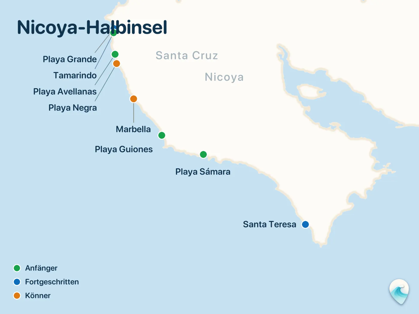 Karte der Surfspots aus dem Guide Nicoya-Halbinsel, mit nummerierten Markierungen