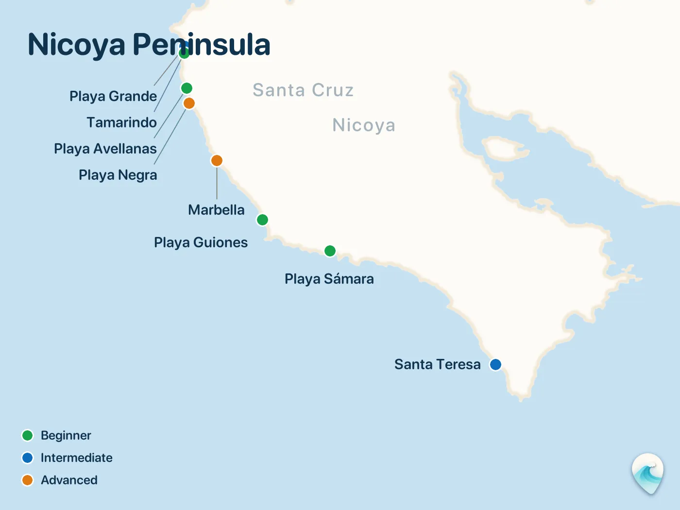 Map of the Nicoya Peninsula surf spots described in this guide, with numbered markers