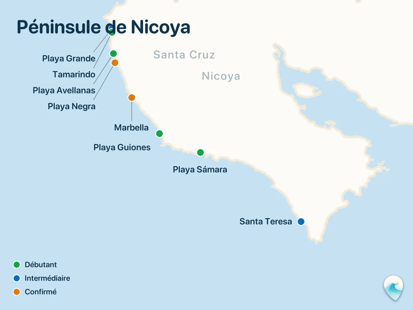 Carte des spots de surf du guide Péninsule de Nicoya, avec repères numérotés