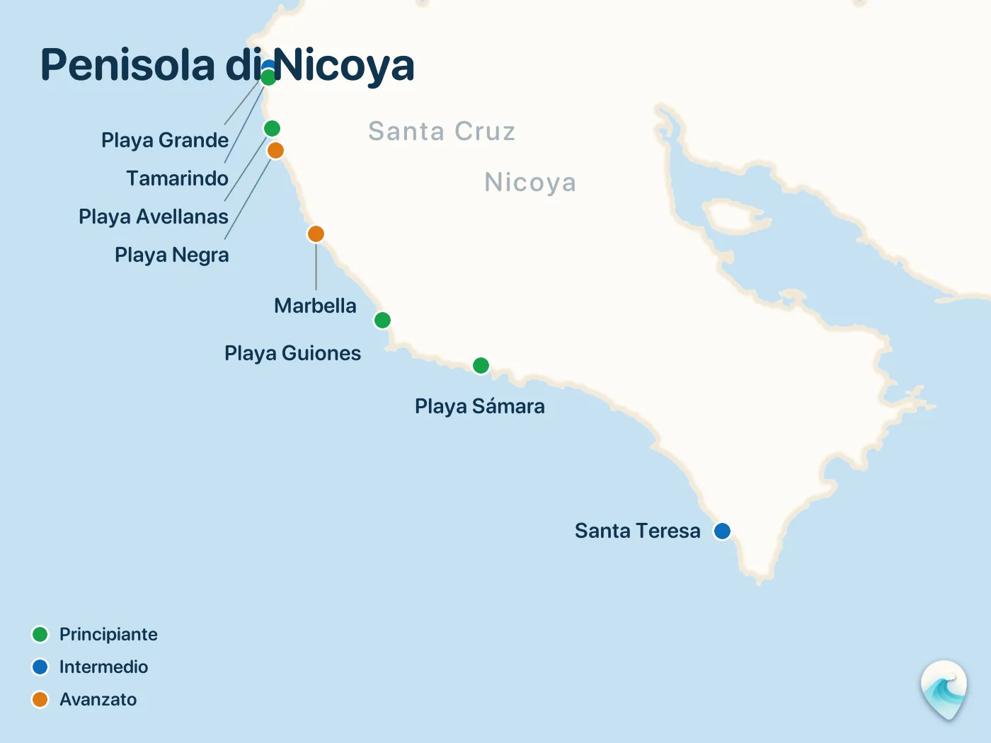 Mappa degli spot di surf della guida Penisola di Nicoya, con indicatori numerati