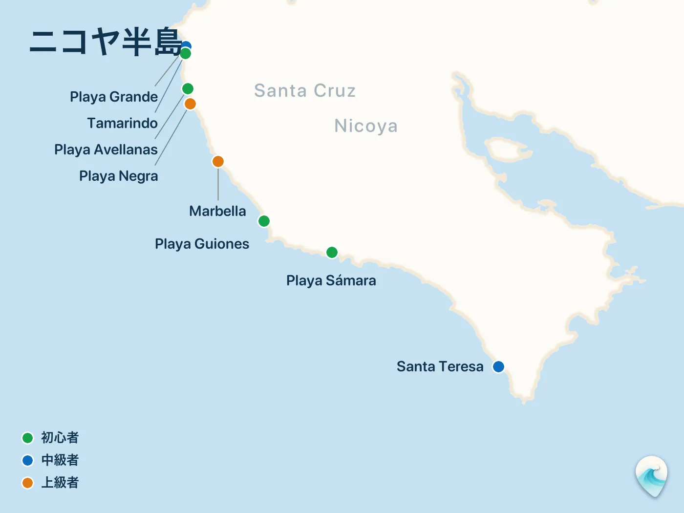 ニコヤ半島ガイドのサーフスポット地図(番号つき)