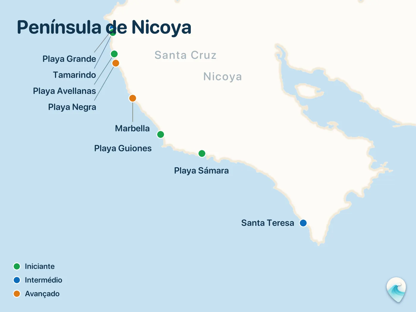Mapa dos spots de surf do guia Península de Nicoya, com marcadores numerados