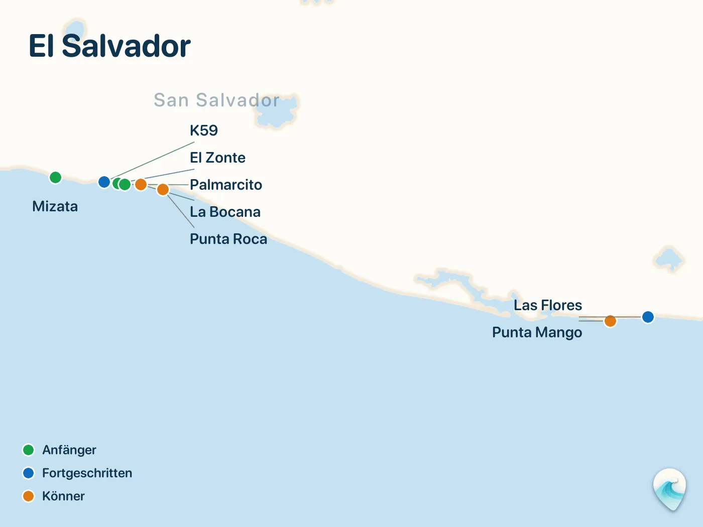 Karte der Surfspots aus dem Guide El Salvador, mit nummerierten Markierungen