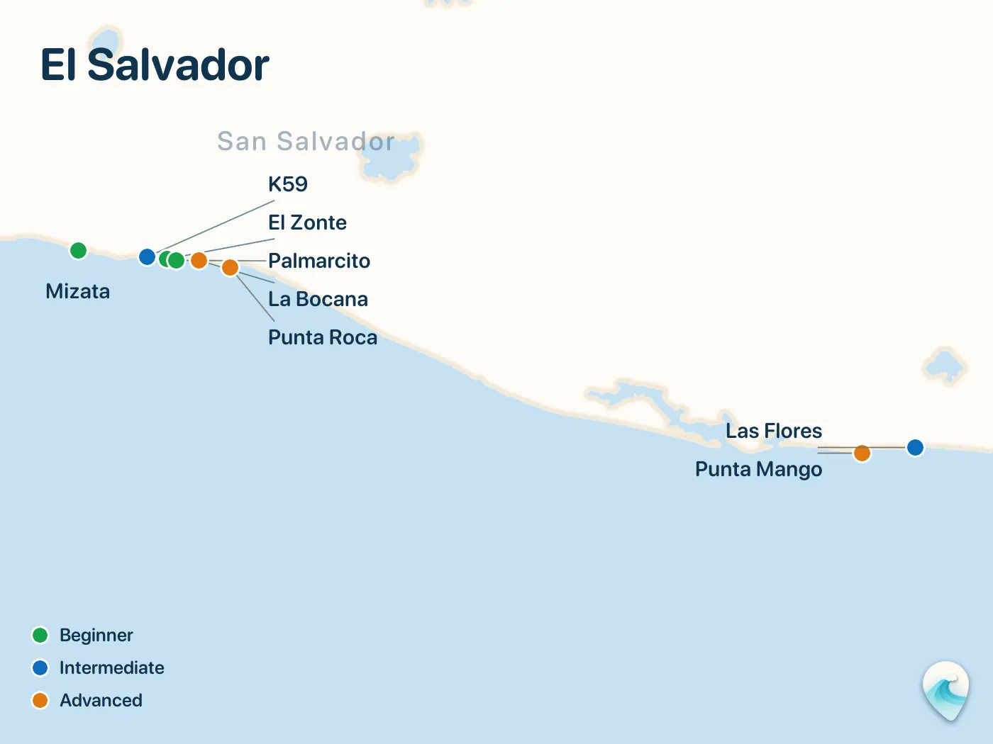 Map of the El Salvador surf spots described in this guide, with numbered markers