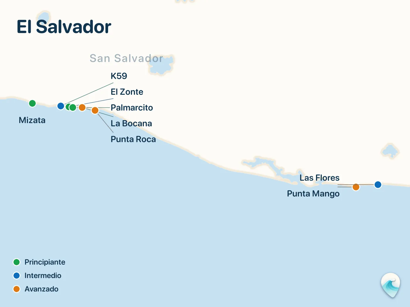 Mapa de los spots de surf de la guía El Salvador, con marcadores numerados