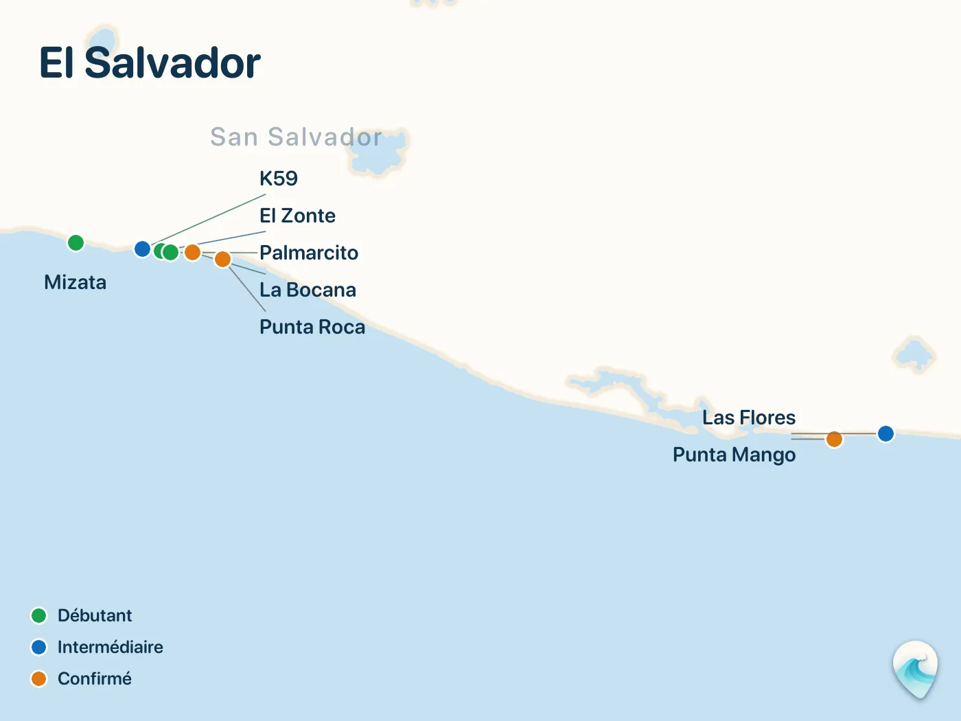 Carte des spots de surf du guide El Salvador, avec repères numérotés