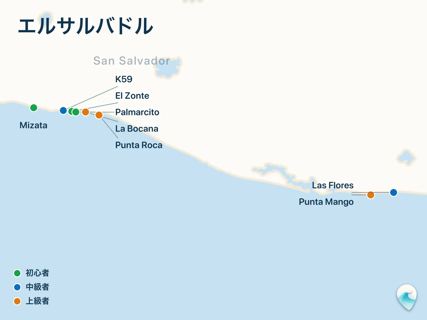 エルサルバドルガイドのサーフスポット地図(番号つき)