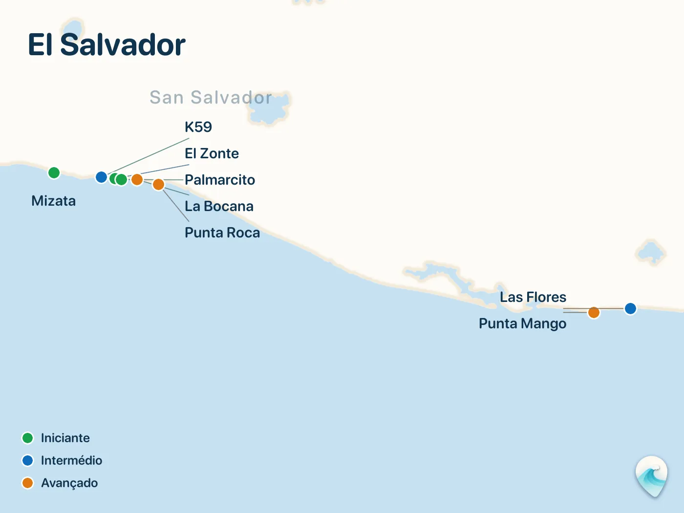 Mapa dos spots de surf do guia El Salvador, com marcadores numerados