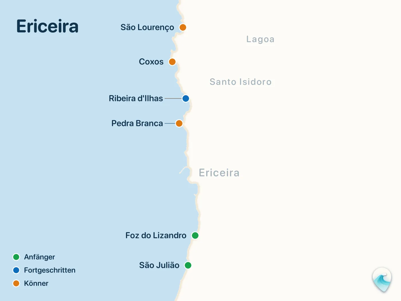 Karte der Surfspots aus dem Guide Ericeira, mit nummerierten Markierungen