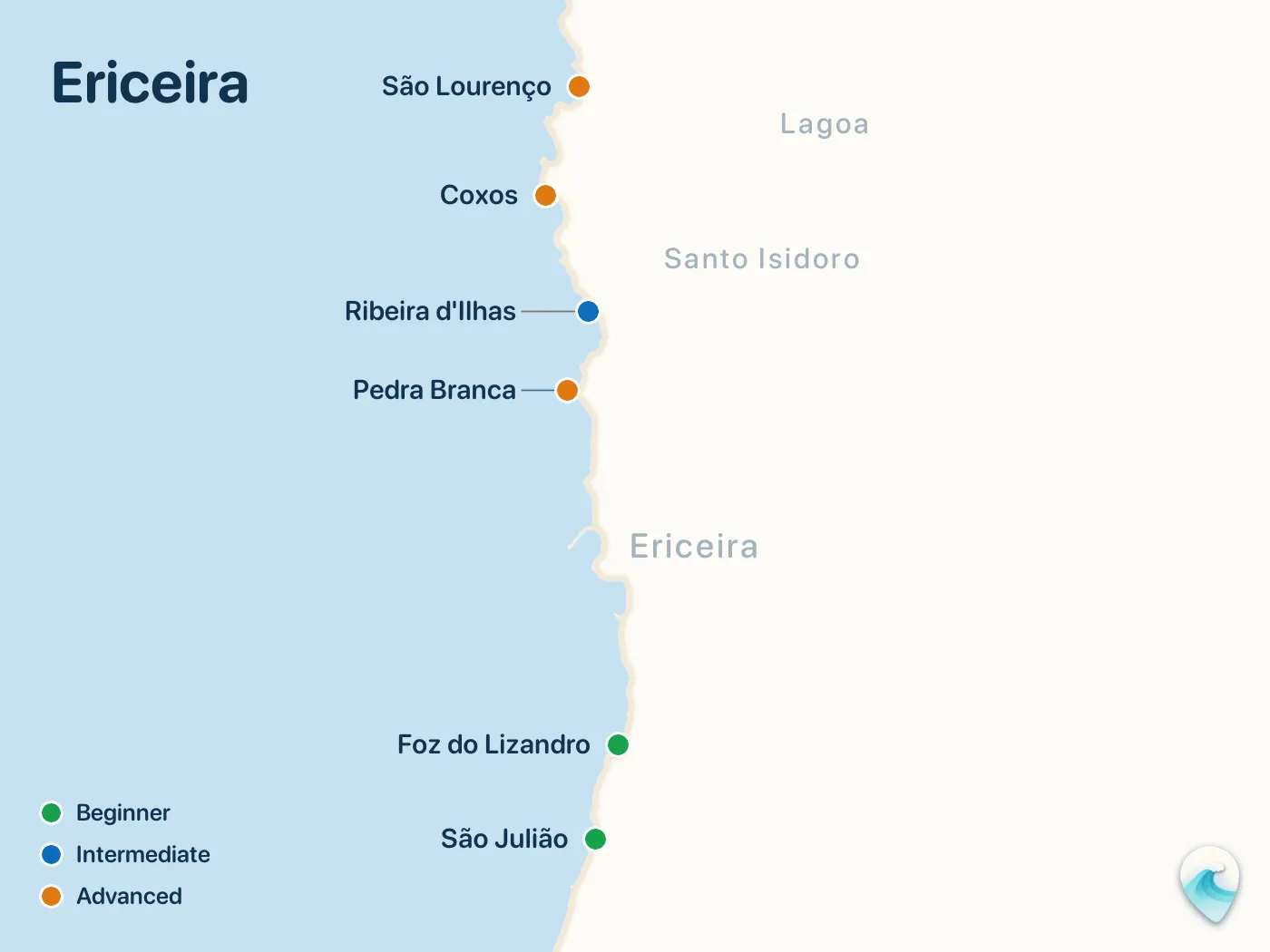 Map of the Ericeira surf spots described in this guide, with numbered markers