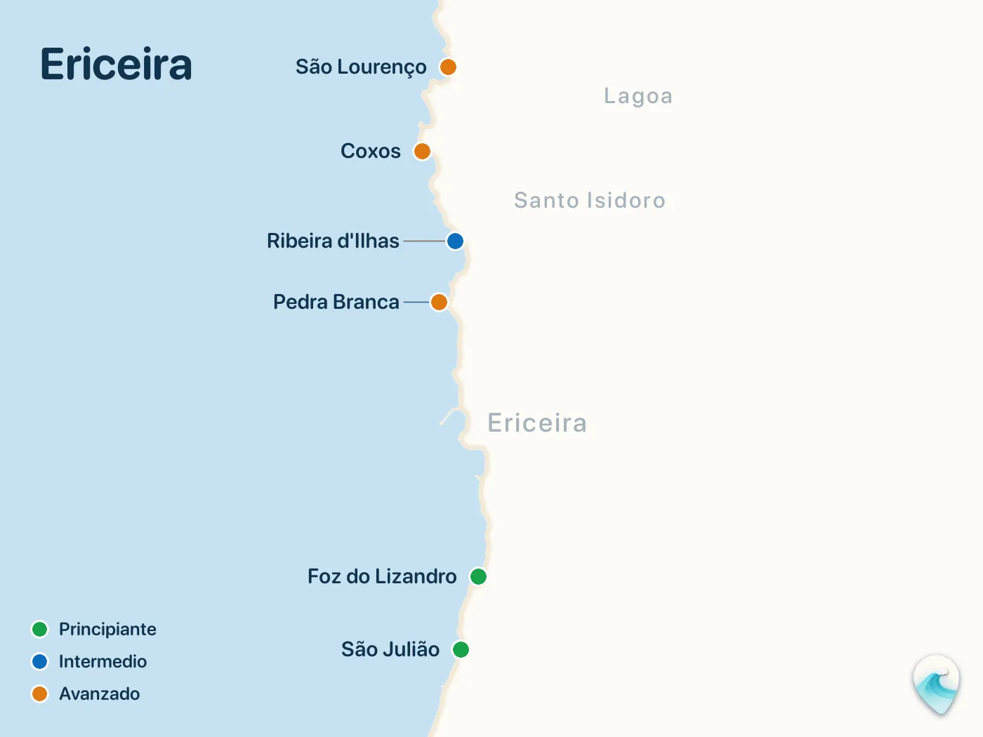 Mapa de los spots de surf de la guía Ericeira, con marcadores numerados