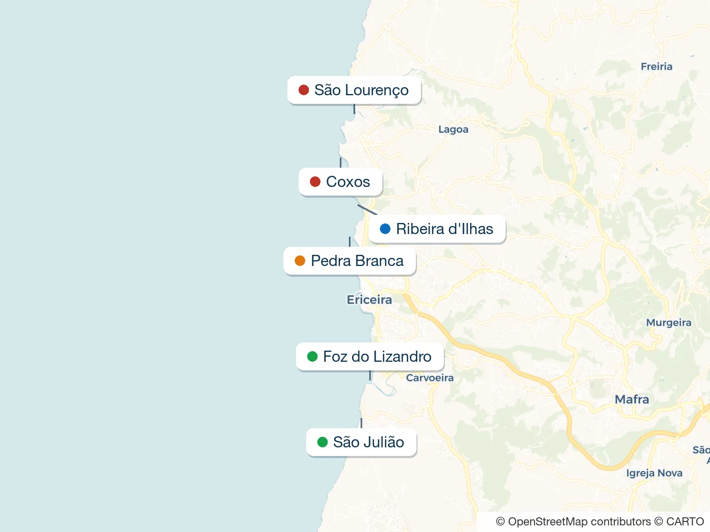 Mappa degli spot di surf della guida Ericeira, con indicatori numerati