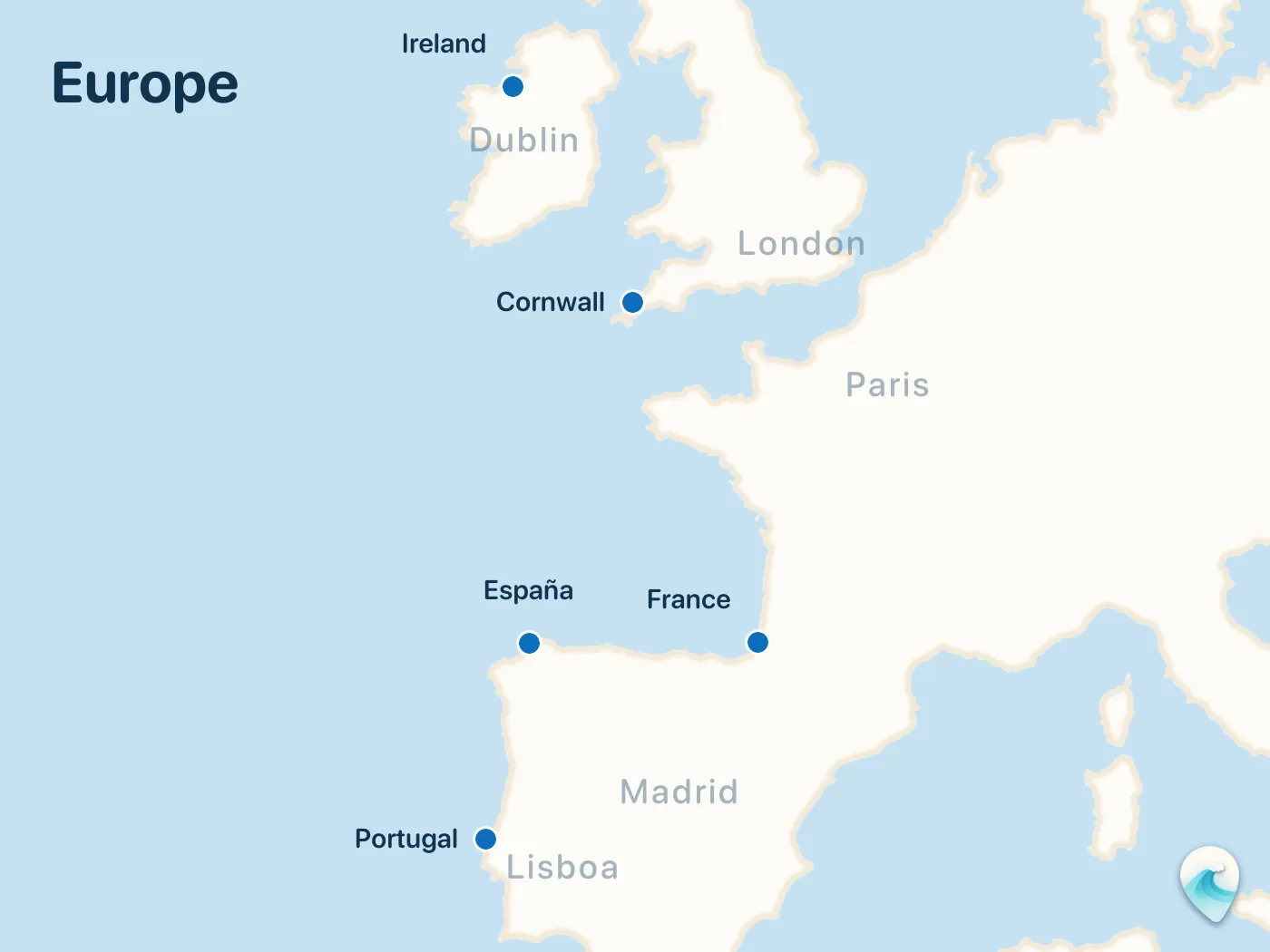 Carte des spots de surf du guide Europe, avec repères numérotés